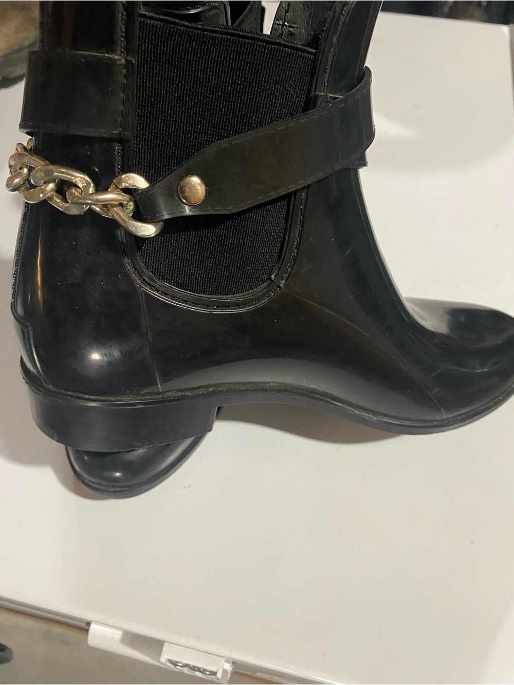 Element Black Ankle Rain Boots with Gold Chain Detail
